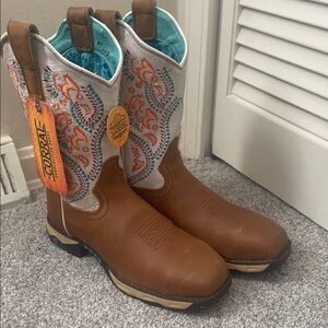NWT Corral cowboy Boots square safety toe tan w/ embroidered shaft Sz 9.5